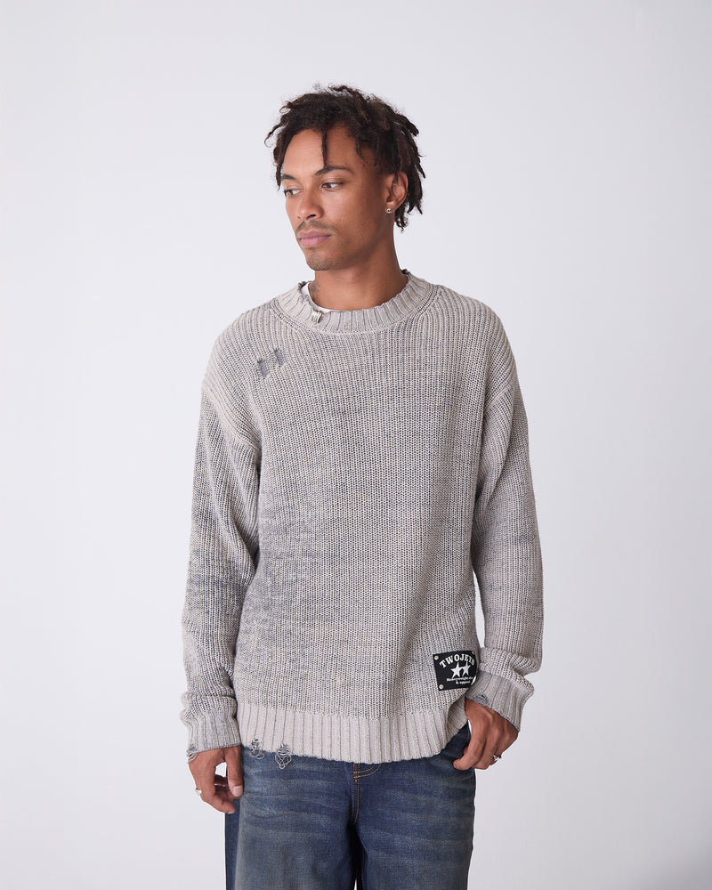 Distressed Icon Knit Sweater Grey