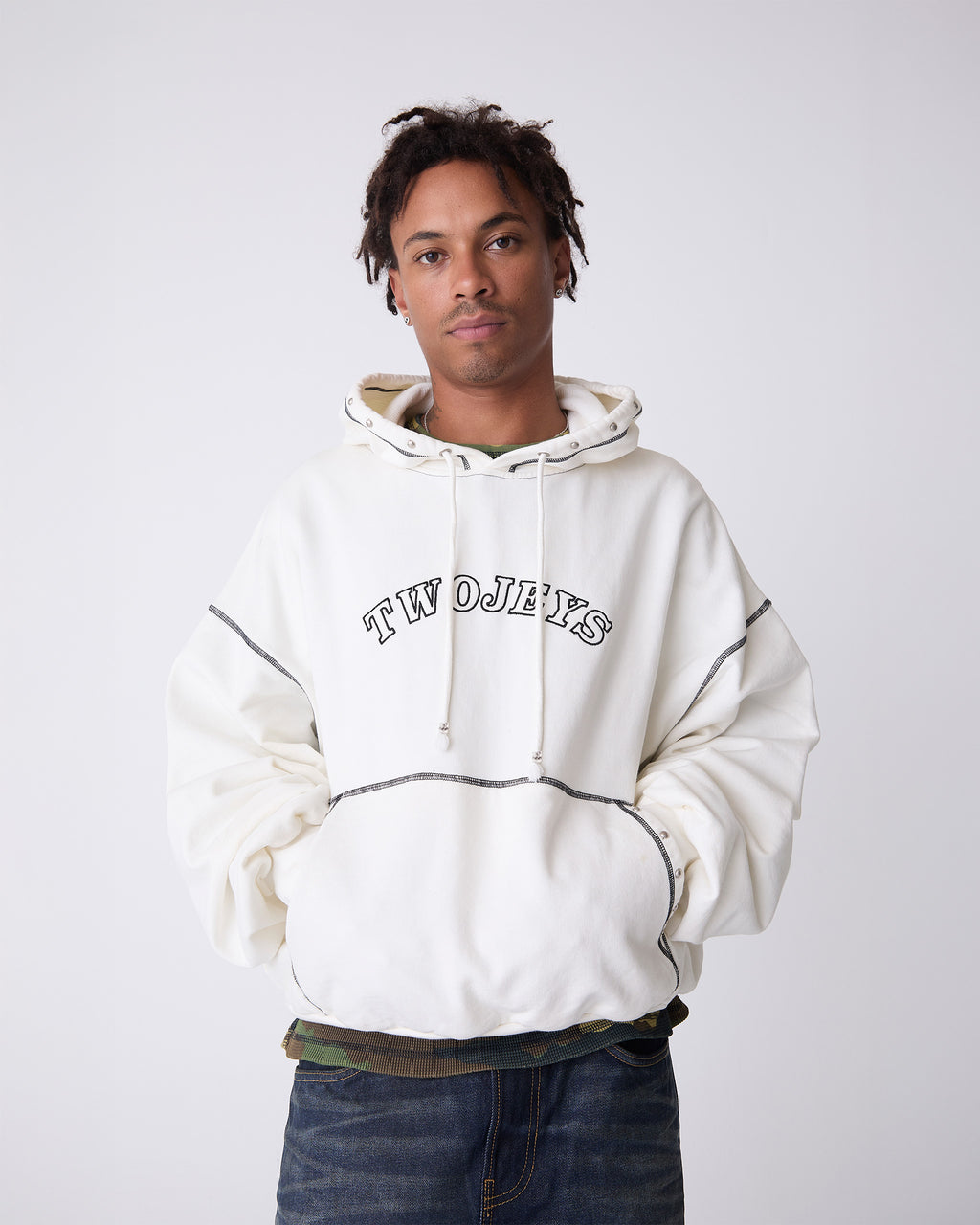White Contrast Varsity Stud Hoodie
