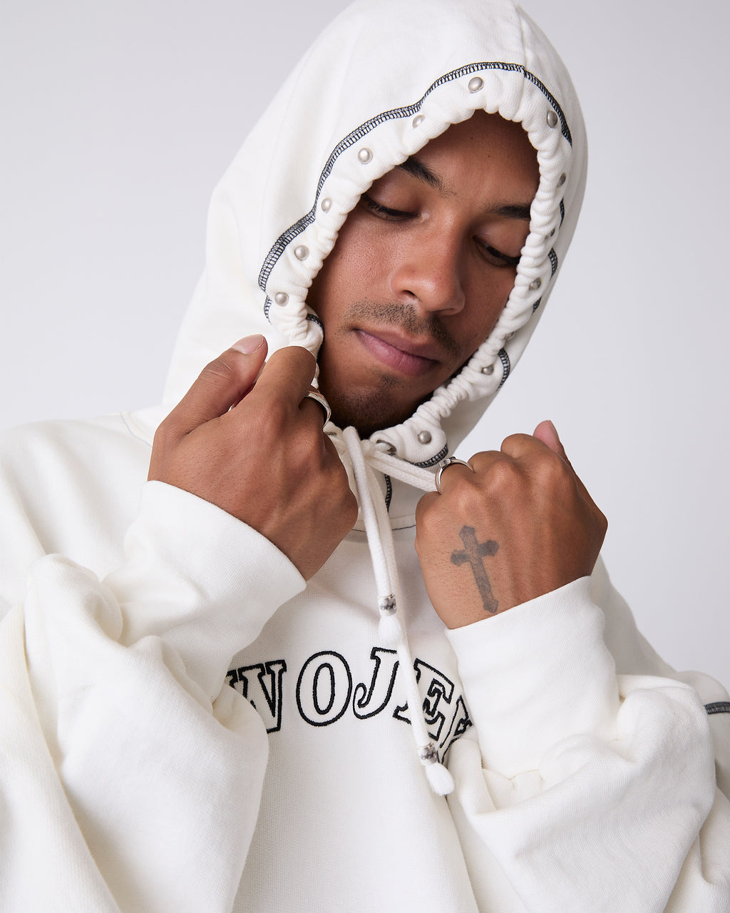 White Contrast Varsity Stud Hoodie