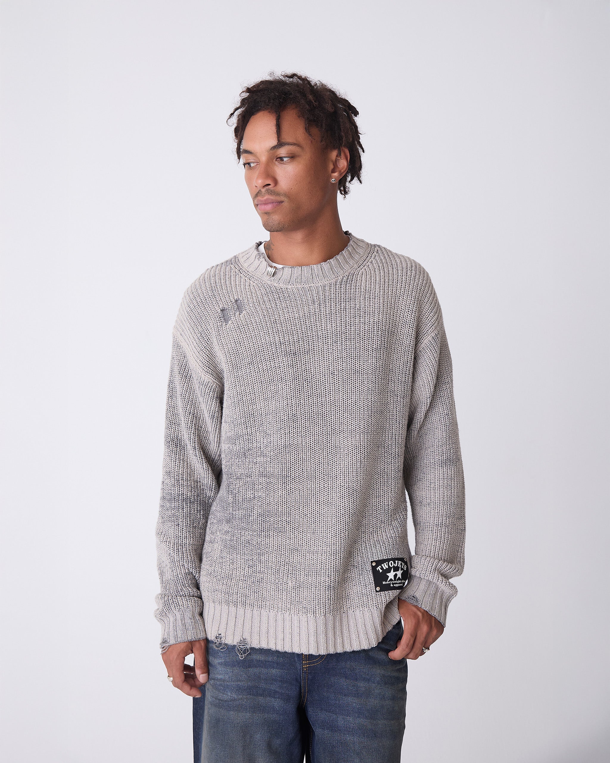 Distressed Icon Knit Sweater Grey