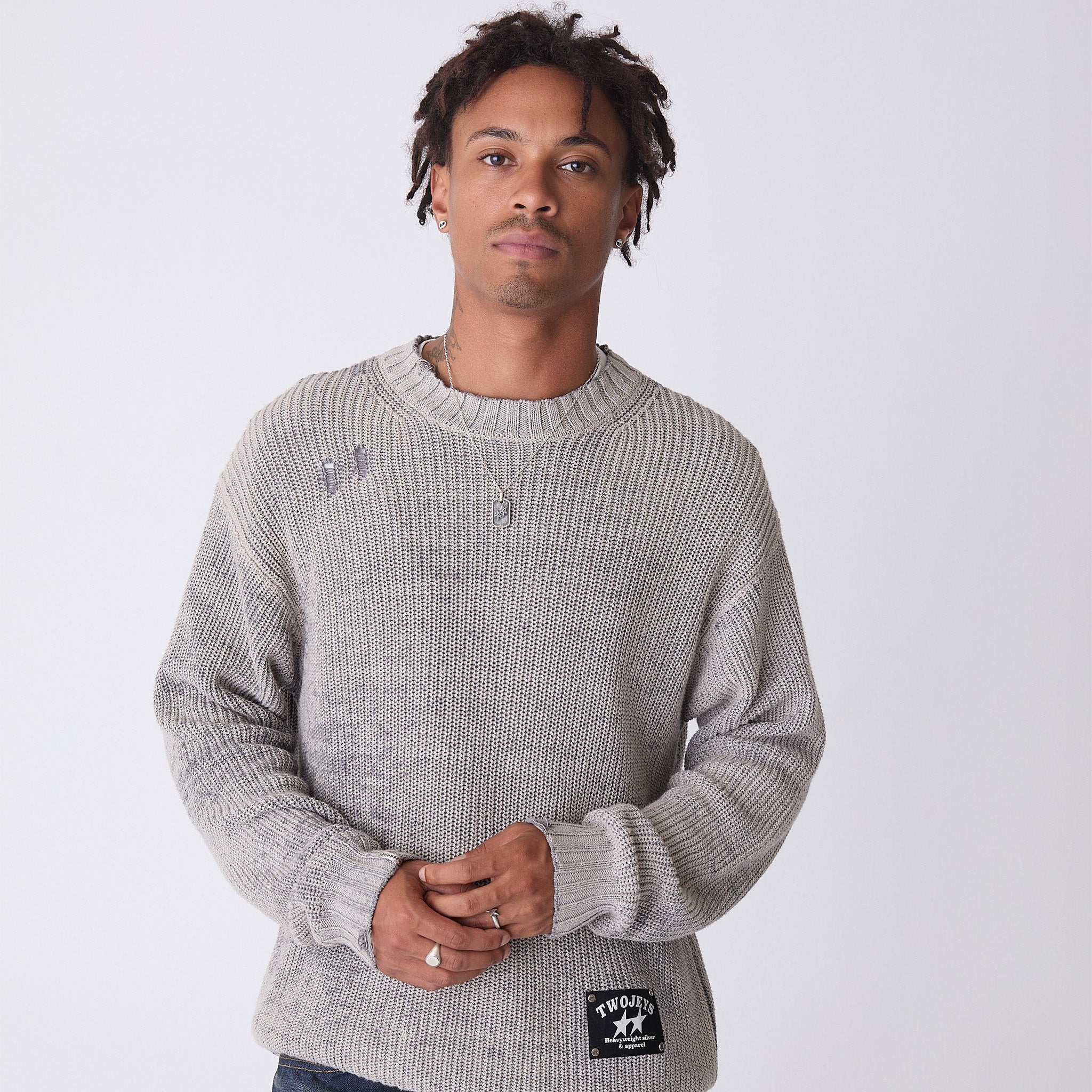 Distressed Icon Knit Sweater Grey – Twojeys