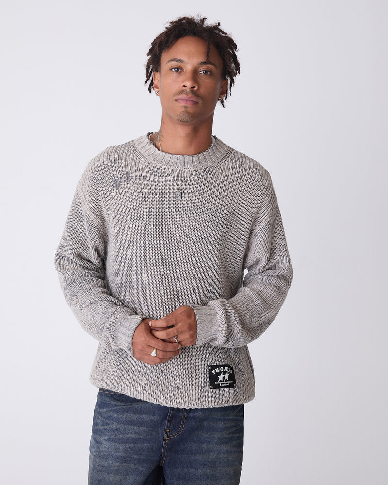 Distressed Icon Knit Sweater Grey
