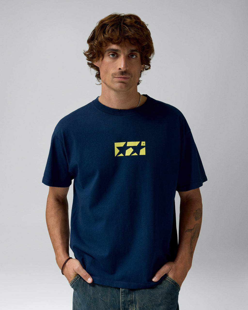 Framed Logo Tee Navy – worn by model