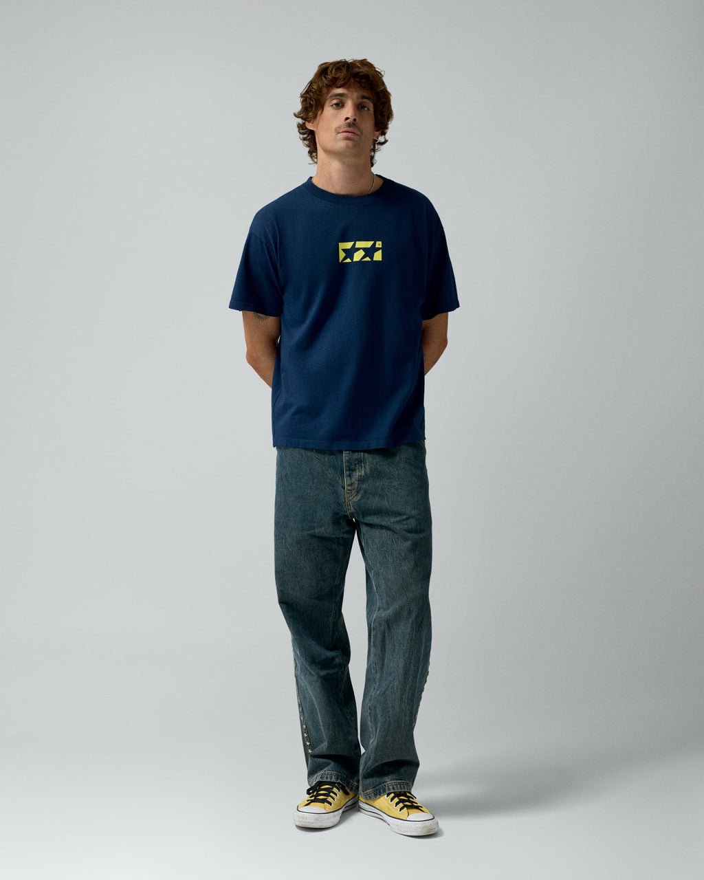 Framed Logo Tee Navy – worn by model