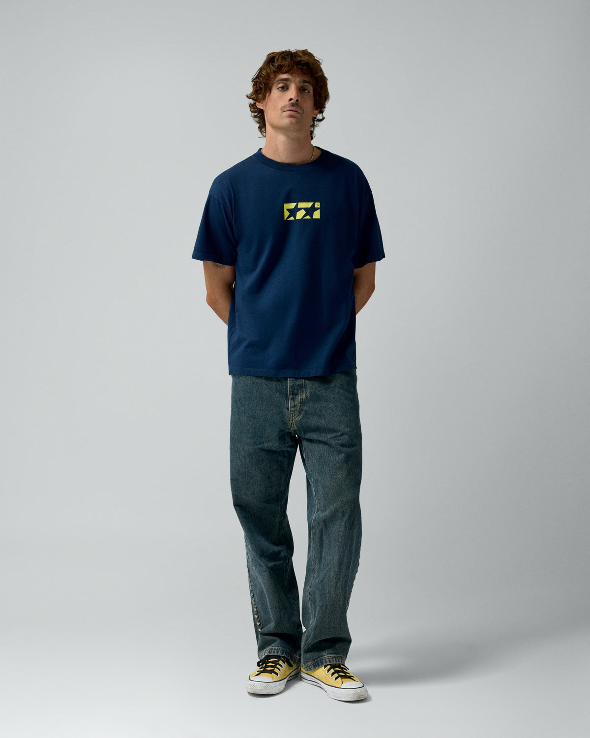 Framed Logo Tee Navy – worn by model