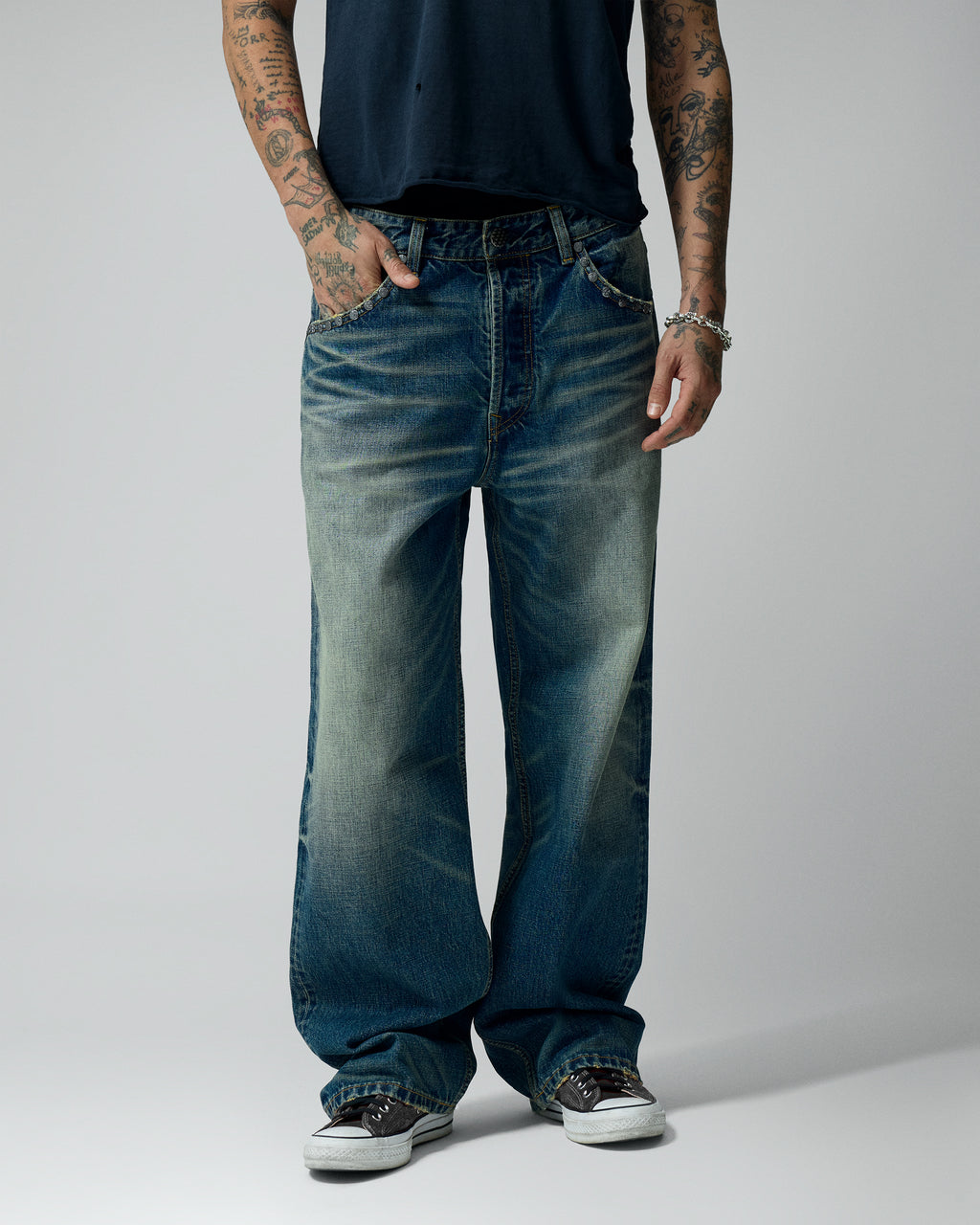 Straight Studded Medium Wash Denim Pants – worn by model