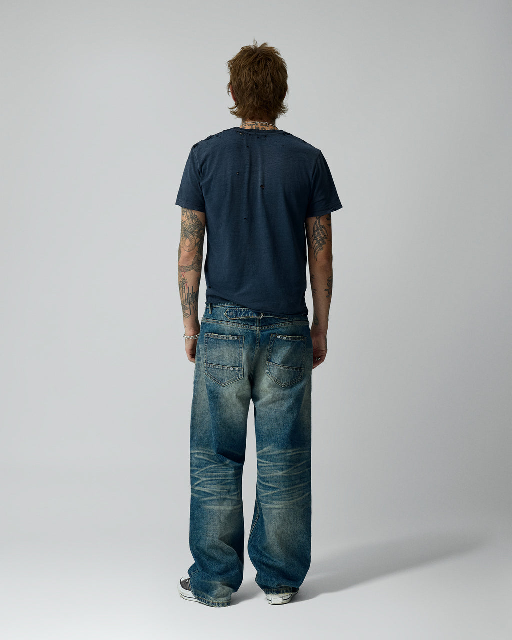 Straight Studded Medium Wash Denim Pants – worn by model