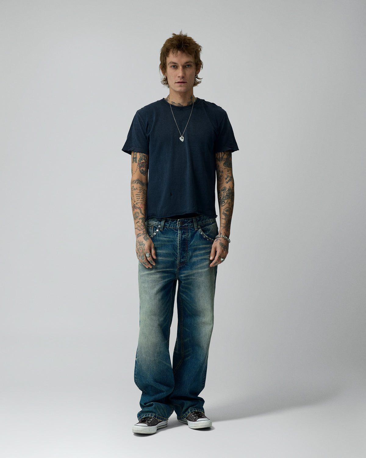 Straight Studded Medium Wash Denim Pants – worn by model