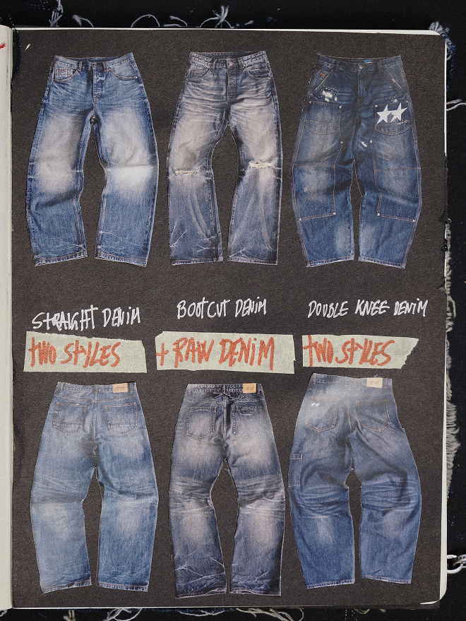 A collage-style product presentation showing six pairs of blue denim jeans laid flat on a dark background, arranged in two rows with handwritten labels above each pair. The labels mention straight denim, bootcut denim, double knee denim, and raw denim.