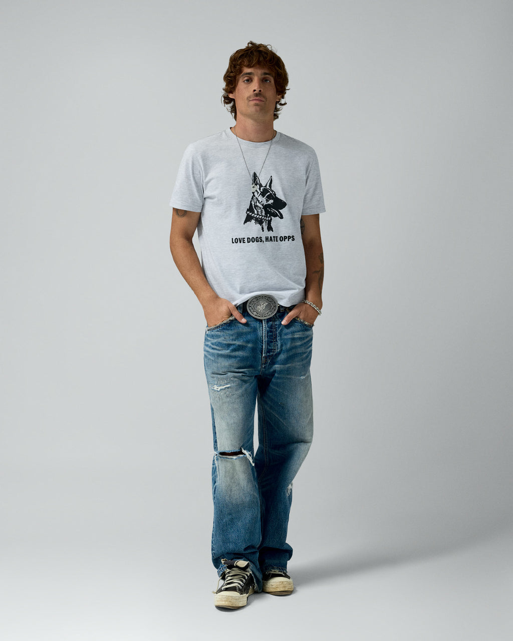 OPPS Tee Grey Melange – worn by model
