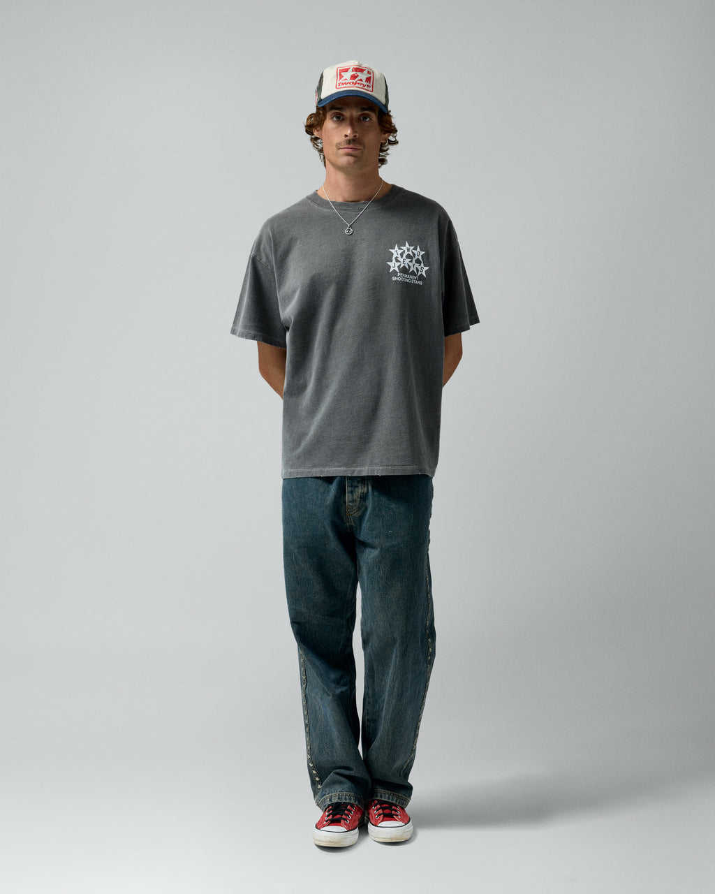 Permanent Shooting Stars Tee Ash – worn by model
