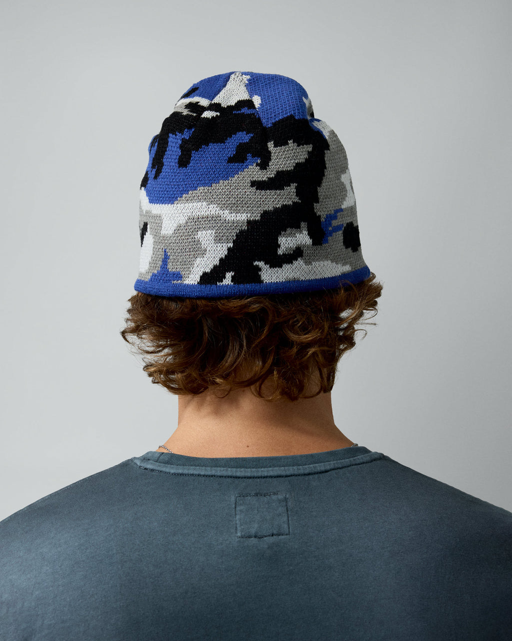 Reversible Icon Camo/Navy Beanie – worn by model