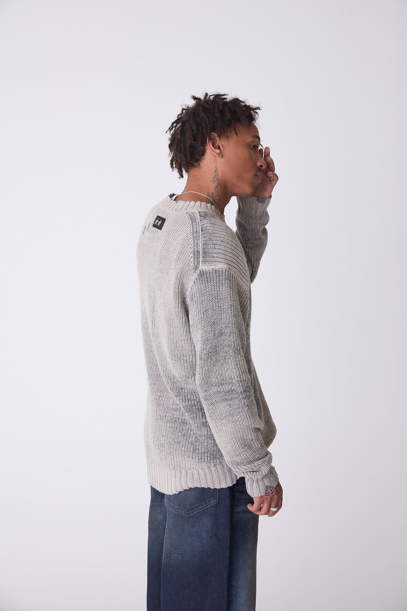Distressed Icon Knit Sweater Grey