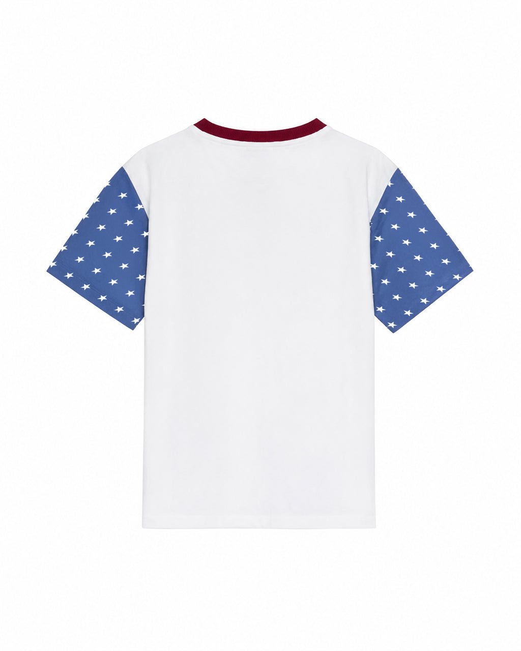 White short-sleeve t-shirt with blue sleeves featuring a white star pattern and a dark red collar.