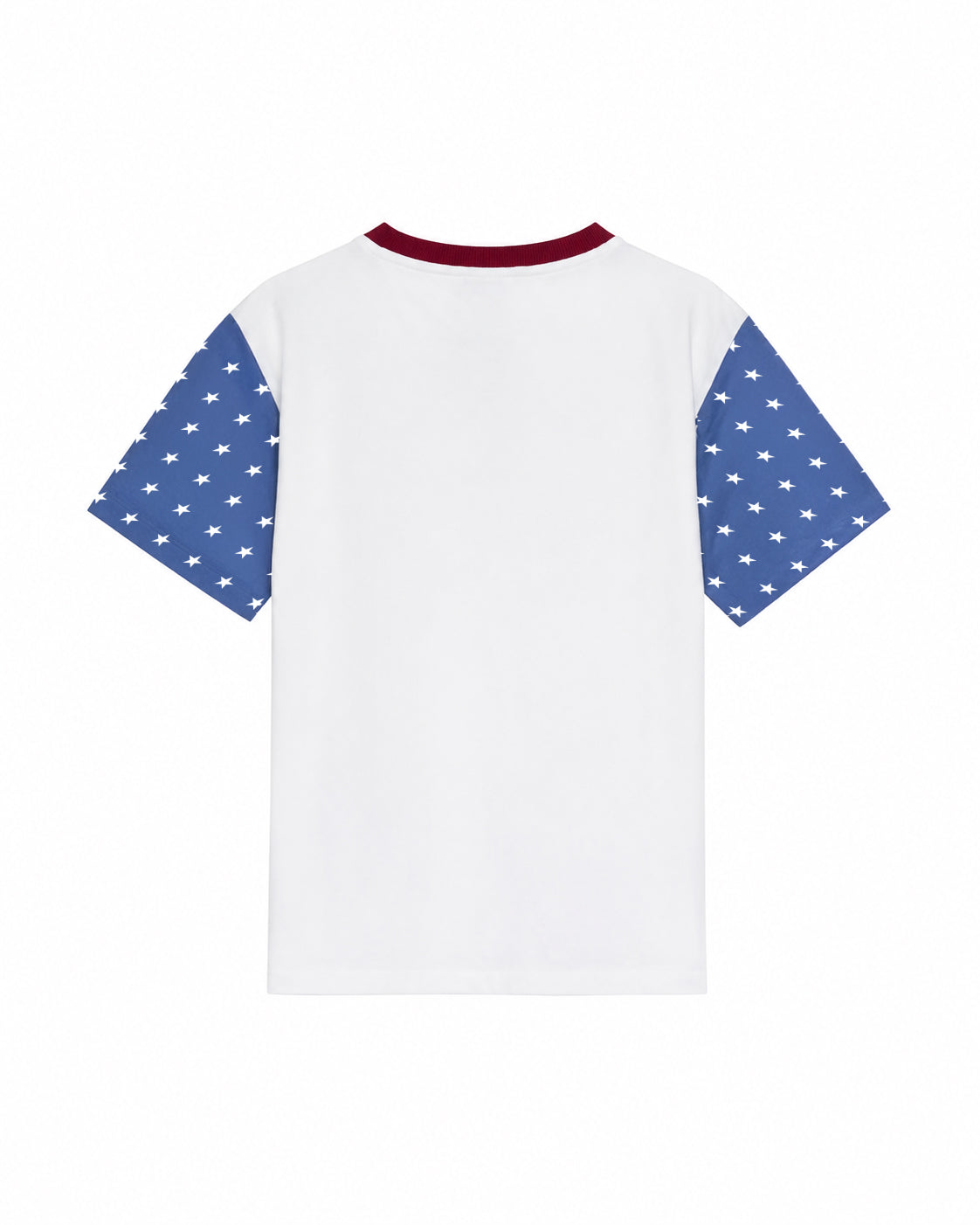 White short-sleeve t-shirt with blue sleeves featuring a white star pattern and a dark red collar.