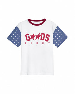A white short-sleeve ringer T-shirt with a red crew neck collar, featuring a red graphic print on the chest that reads 'GOODS PEGGY' with a star motif, and blue sleeves decorated with white stars.