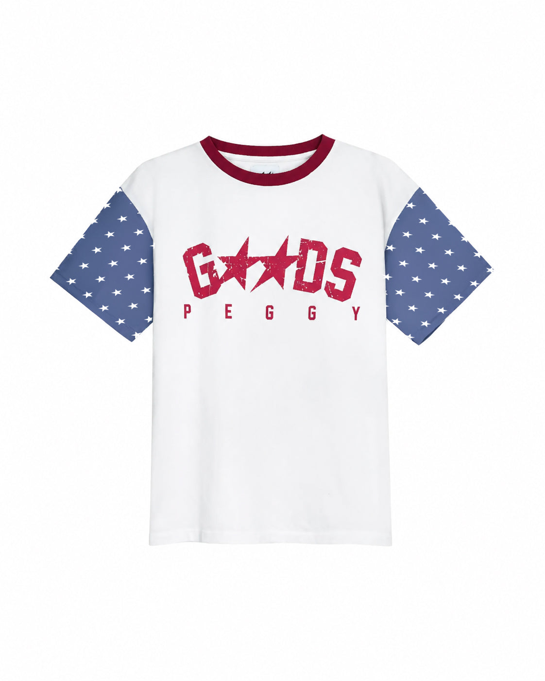 A white short-sleeve ringer T-shirt with a red crew neck collar, featuring a red graphic print on the chest that reads 'GOODS PEGGY' with a star motif, and blue sleeves decorated with white stars.