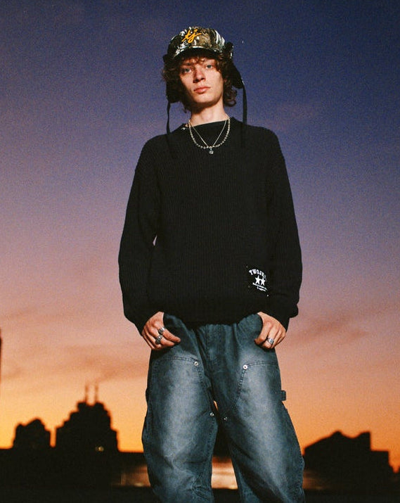 Distressed Icon Knit Sweater Black