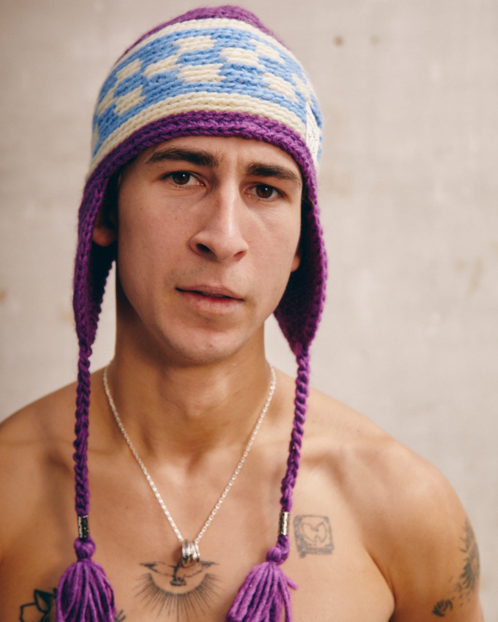 Knitted Earflap Purple Beanie