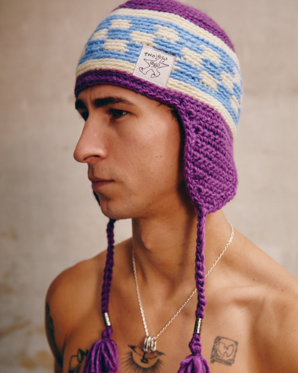 Knitted Earflap Purple Beanie